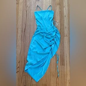 Light teal split-leg satin dress